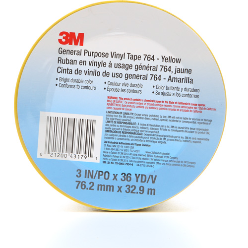 Ruban en vinyle pour travaux g&eacute;n&eacute;raux 764, 76 mm (3") la x 32,9 m (108') lo, 5 mils, Jaune TGS INDUSTRIEL