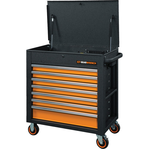 Chariot &agrave; outils s&eacute;rie GSX avec dessus inclin&eacute;, 7 tiroirs, 35" lo x 20" la x 39" h, Noir/Orange TGS INDUSTRIEL