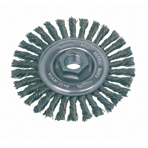 Brosse rotative &agrave; fils nou&eacute;s pour petites meuleuses haute vitesse, pour passe de fond, Dia. 4", Fils 0,02", Arbre 5/8"-11, Acier TGS INDUSTRIEL