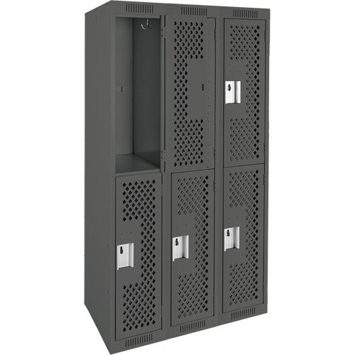 Clean Line Lockers, 2 -tier, Bank of 3, 36" x 12" x 72", Steel, Charcoal, Rivet (Assembled), Perforated TGS INDUSTRIEL