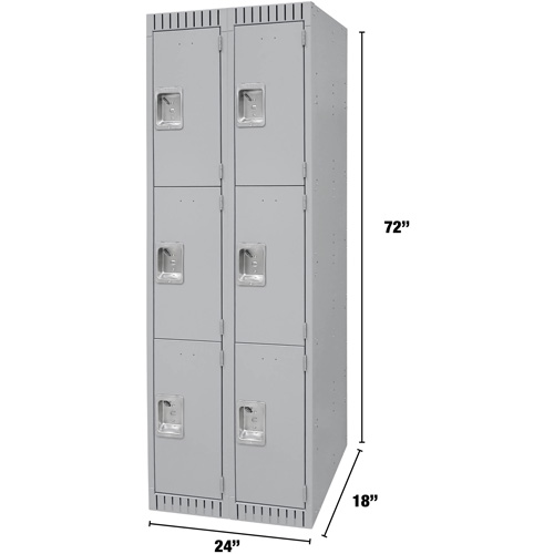 Lockers, 3 -tier, Bank of 2, 24" x 18" x 72", Steel, Grey, Knocked Down TGS INDUSTRIEL