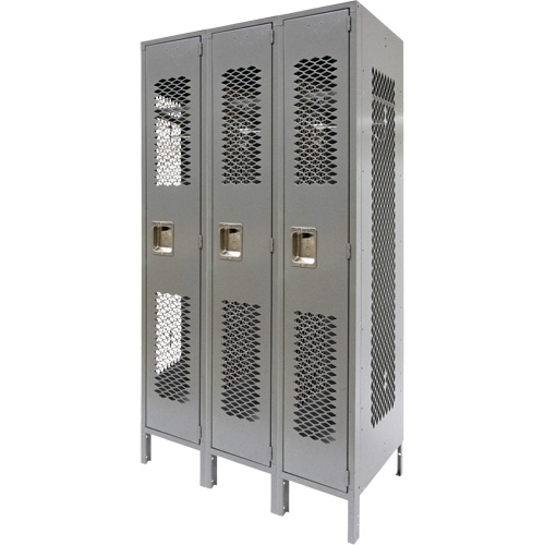Vented Lockers, Bank of 3, 36" x 18" x 78", Steel, Grey, Knocked Down, Perforated TGS INDUSTRIEL