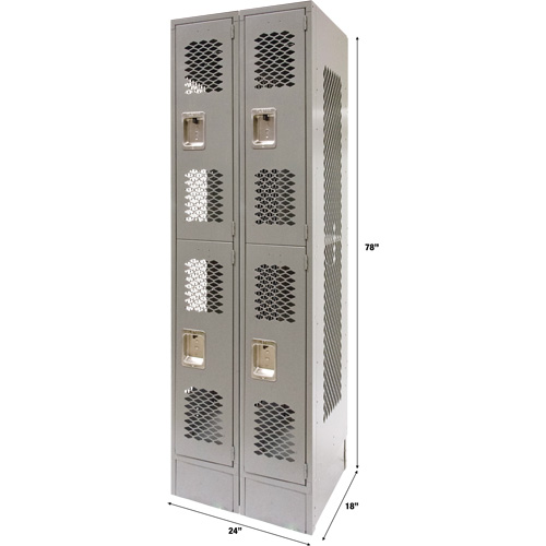 Vented Lockers, 2 -tier, Bank of 2, 24" x 18" x 78", Steel, Grey, Knocked Down, Perforated TGS INDUSTRIEL