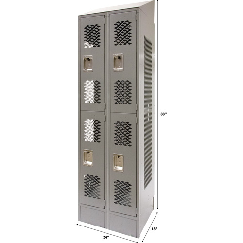 Vented Lockers, 2 -tier, Bank of 2, 24" x 18" x 88", Steel, Grey, Knocked Down, Perforated TGS INDUSTRIEL