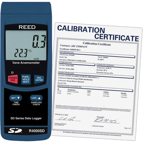 Thermo-an&eacute;mom&egrave;tre avec certificat de calibration, Enregistrement des donn&eacute;es, Gamme de v&eacute;locit&eacute; d'air de 0,4 - 30 m/sec TGS INDUSTRIEL