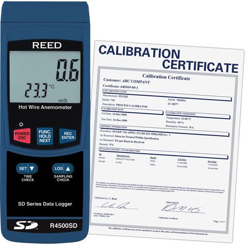 Thermo-an&eacute;mom&egrave;tres &agrave; fil chaud avec enregistrement de donn&eacute;es et certificat de calibration, Enregistrement des donn&eacute;es, Gamme de v&eacute;locit&eacute; d'air de 0,2 - 25 m/sec TGS INDUSTRIEL