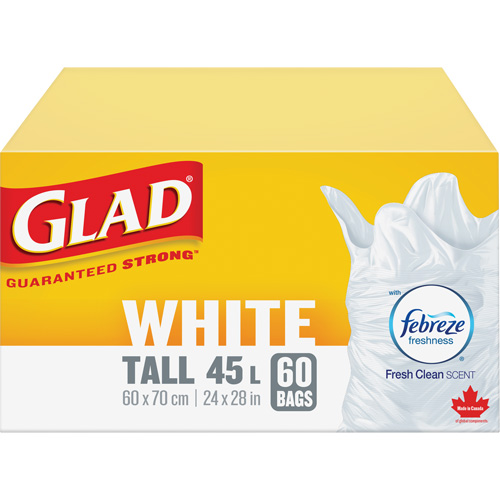 Sacs &agrave; ordures hauts 45 L avec Febreze, R&eacute;gulier, 24" la x 28" lo, Blanc TGS INDUSTRIEL