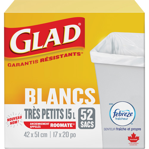 Tr&egrave;s petits sacs &agrave; ordures 15 L avec Febreze, R&eacute;gulier, 17" la x 20" lo, Blanc TGS INDUSTRIEL