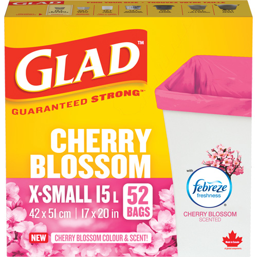 Glad&reg; Cherry Blossom Coloured & Scented Bags, Strong, 17" W x 20" L, Pink, 15 L (3.96 Gal.) Capacity TGS INDUSTRIEL