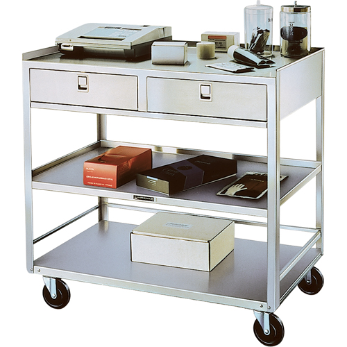 Supports en acier inoxydable pour &eacute;quipement, 300 lb Capacit&eacute;, Acier inoxydable, 20"/20-1/8" x la, 35" x ha, 37"/36-3/8" p, D&eacute;mont&eacute;, 2 tirroirs TGS INDUSTRIEL