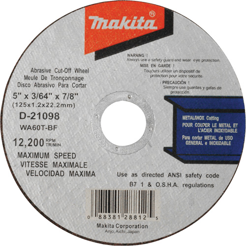 Thin Kerf Cut-Off Wheel, 5" x 3/64", 7/8" Arbor, Type 1, Aluminum Oxide, 12200 RPM TGS INDUSTRIEL