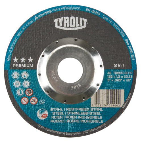 Meule &agrave; tronçonner 2-en-1 de premi&egrave;re qualit&eacute; Thincut, 5" x 0,045", Arbre de 7/8", Type 27, Oxyde d'aluminium, 12250 Tr/min TGS INDUSTRIEL