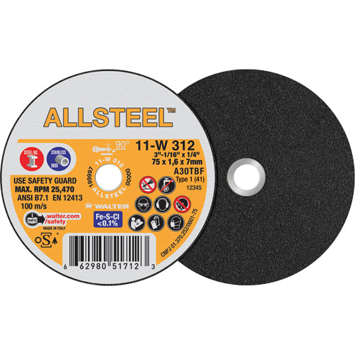 AllSteel Mini Cut-Off Wheel, 3" x 1/16", 1/4" Arbor, Type 1, Aluminum Oxide, 25470 RPM TGS INDUSTRIEL