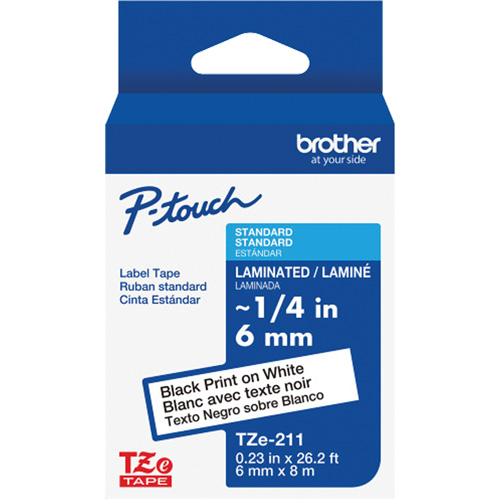 Ruban lamin&eacute; TZe-211 pour &eacute;tiqueteuses P-Touch compatibles avec les rubans TZe, Noir sur blanc, Largeur de 0,23" TGS INDUSTRIEL