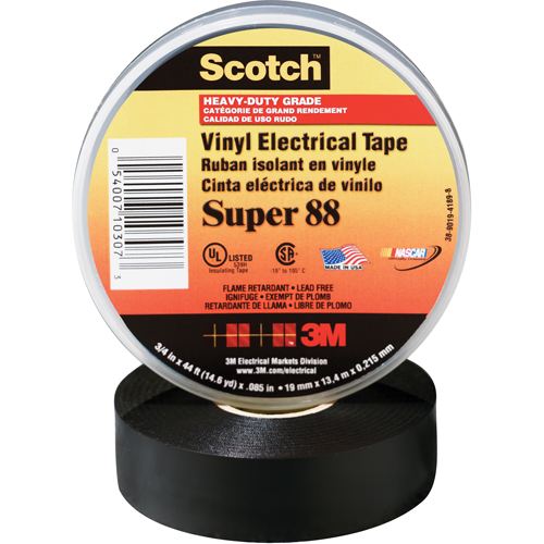 Scotch&reg; Super 88 Tape, 19 mm (3/4") x 20.1 m (66'), Black, 8.5 mils TGS INDUSTRIEL