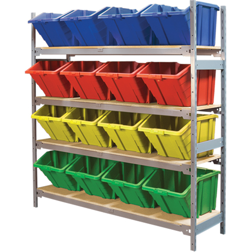 Wide Span Shelving with Jumbo Plastic Bins, Steel, Boltless, 800 lbs. Capacity, 66" W x 72" H x 18" D TGS INDUSTRIEL