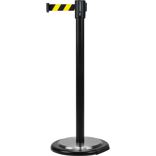 Barri&egrave;res sur pieds pour le contr&ocirc;le des foules, Acier, 35" h, Ruban Noir/Jaune, Longueur du ruban 7' TGS INDUSTRIEL