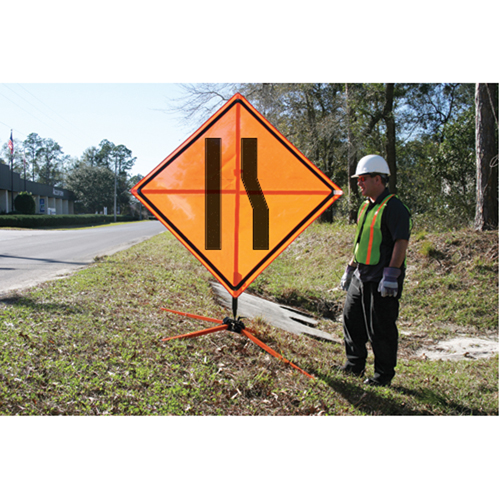 Tilt-Adjust Merge Left Roll-Up Construction Sign, 36" x 36", Vinyl, Pictogram TGS INDUSTRIEL