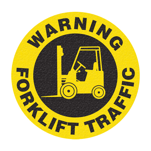 Panneau de signalisation au sol  Warning Forklift Traffic , Adh&eacute;sif, Anglais avec pictogramme TGS INDUSTRIEL