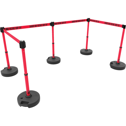 Ensemble de cinq montants pour barri&egrave;re PLUS, Plastique, 42" h, Ruban Rouge, Longueur du ruban 15' TGS INDUSTRIEL