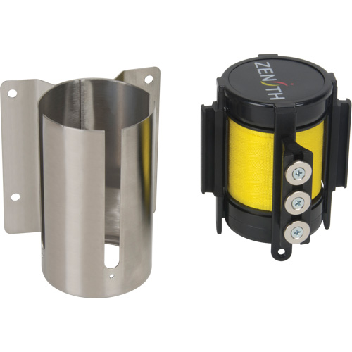 Barri&egrave;re &agrave; fixation murale avec ruban magn&eacute;tique, Acier, Fixation par vis, 12', Ruban Jaune TGS INDUSTRIEL