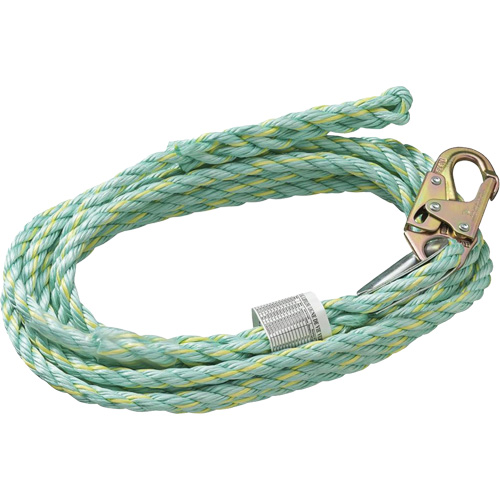 VL-1125-25 Cordage de s&eacute;curit&eacute; vertical avec mousqueton d'ancrage &agrave; une extr&eacute;mit&eacute; & &eacute;clisse dorsale d'extr&eacute;mit&eacute; &agrave; la traîne, Copolym&egrave;re TGS INDUSTRIEL