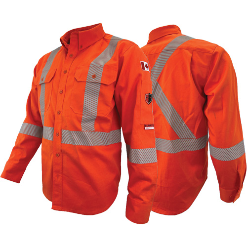 Chandail de travail &agrave; manches longues ignifuge et r&eacute;sistant &agrave; l'arc &eacute;lectrique avec bandes de 2" Atlas Guardian, T-petit, Orange haute visibilit&eacute; TGS INDUSTRIEL