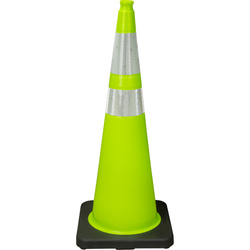 C&ocirc;ne de signalisation de premi&egrave;re qualit&eacute;, 36", Vert lime, Bande(s) r&eacute;fl&eacute;chissante(s) 4" & 6" TGS INDUSTRIEL