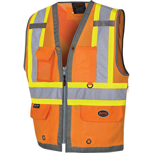 Pioneer Mesh Back Zip Front Surveyor Safety Vest, High Visibility Orange, Small, Polyester TGS INDUSTRIEL