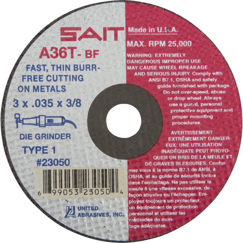 Cut-Off Wheel (A36T), 3" x 0.035", 3/8" Arbor, Type 27, Aluminum Oxide, 25000 RPM TGS INDUSTRIEL