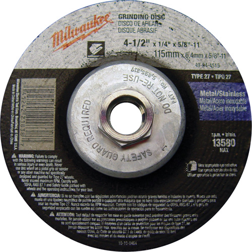 Meule, 4-1/2" x 1/4", Arbre 5/8"-11, Oxyde d'aluminium, Type 27 TGS INDUSTRIEL
