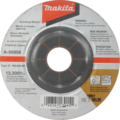 Meule inox, 4-1/2" x 1/4", Arbre 7/8", Oxyde d'aluminium, Type 27 TGS INDUSTRIEL