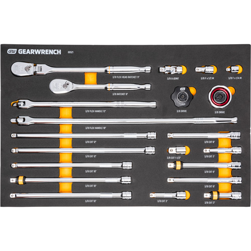 Ensemble d'outils &agrave; cliquet et d'entraînement 3/8" &agrave; 90 dents avec plateau de rangement en mousse TGS INDUSTRIEL