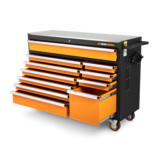 Armoire &agrave; outils roulante avec dessus de travail en acier inoxydable, 11 tiroirs, 52" la x 18" p x 36" h, Noir/Orange TGS INDUSTRIEL