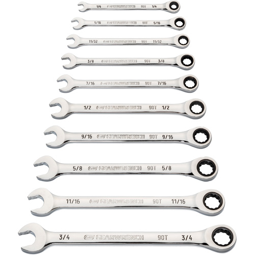 90-Tooth 12-Point Wrench Set, Ratcheting Combination, 10 Pieces, Imperial TGS INDUSTRIEL