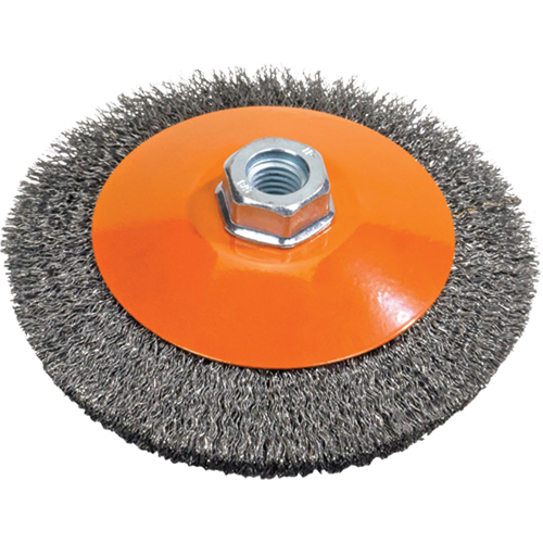 Brosse soucoupe &agrave; fils nou&eacute;s torsad&eacute;s, Dia. 5", Fils 0,02", Arbre 5/8"-11, Acier TGS INDUSTRIEL