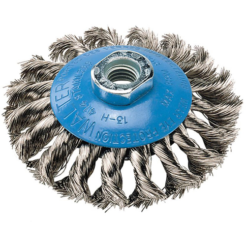 Brosse concave &agrave; fils nou&eacute;s torsad&eacute;s, Dia. 5", Fils 0,02", Arbre 5/8"-11, Aluminium/Acier inoxydable TGS INDUSTRIEL