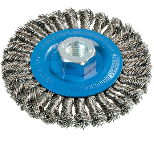 Brosse rotative &agrave; fils nou&eacute;s large, Dia. 4-1/2", Fils 0,02", Arbre 5/8"-11, Aluminium/Acier inoxydable TGS INDUSTRIEL