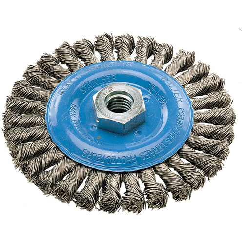 Wide Knotted Wire Wheel Brush, 5" Dia., 0.02" Fill, 5/8"-11 Arbor, Aluminum/Stainless Steel TGS INDUSTRIEL