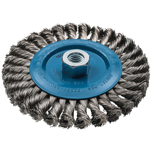 Brosse rotative &agrave; fils nou&eacute;s large, Dia. 6", Fils 0,02", Arbre 5/8"-11, Aluminium/Acier inoxydable TGS INDUSTRIEL