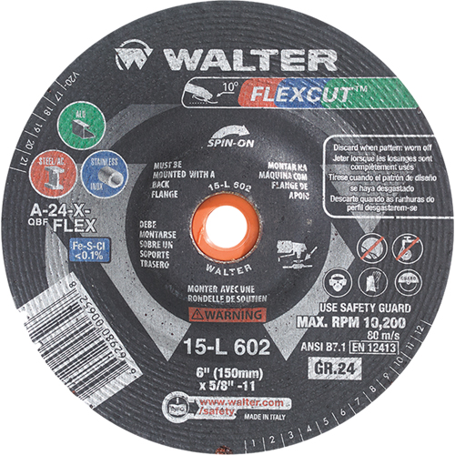 Meules &agrave; moyeu d&eacute;port&eacute; Flexcut, 6", 24 Grain, Oxyde d'aluminium, 5/8"-11, 10 200 Tr/min, Type 29 TGS INDUSTRIEL