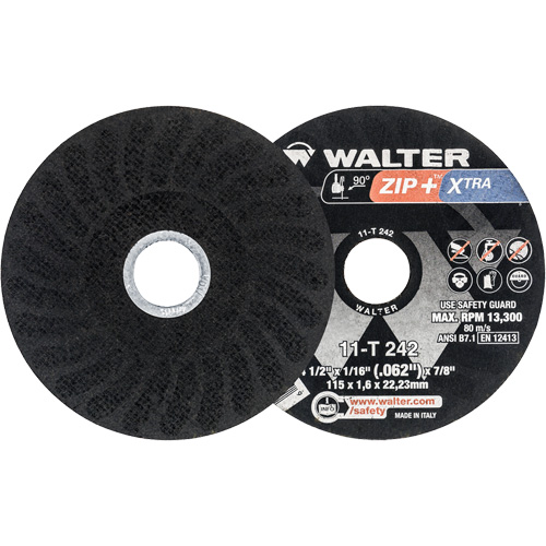Meules &agrave; tronçonner renforc&eacute;es Zip+ pour meuleuse &agrave; angle droit, 4-1/2" x 1/16", Arbre de 7/8", Type 1, Alumine de zirconium, 13 300 Tr/min TGS INDUSTRIEL