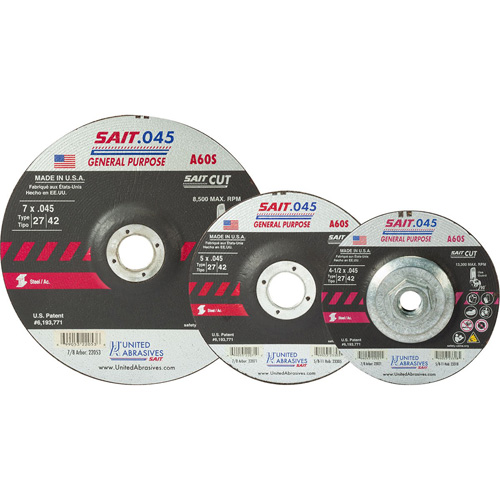 Disque de coupe Sait, 5" x 0,045", Arbre de 7/8", Type 27, Oxyde d'aluminium, 12 200 Tr/min TGS INDUSTRIEL