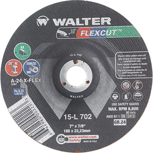 Meules &agrave; moyeu d&eacute;port&eacute; Flexcut, 7", 24 Grain, Oxyde d'aluminium, 7/8", 8600 Tr/min, Type 29 TGS INDUSTRIEL