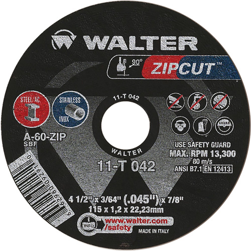 Zipcut Cut-Off Wheel, 4-1/2" x 3/64", 7/8" Arbor, Type 1, Aluminum Oxide, 13300 RPM TGS INDUSTRIEL