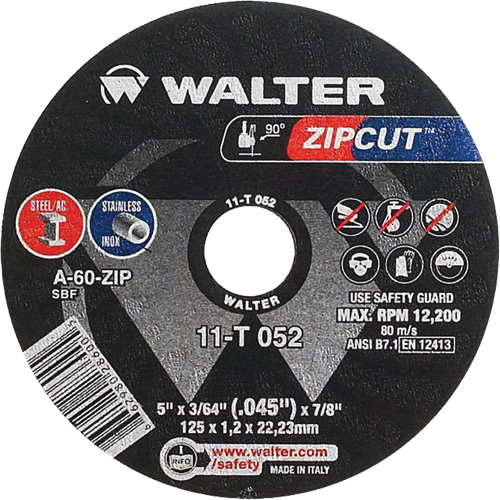Zipcut Cut-Off Wheel, 5" x 3/64", 7/8" Arbor, Type 1, Aluminum Oxide, 12200 RPM TGS INDUSTRIEL