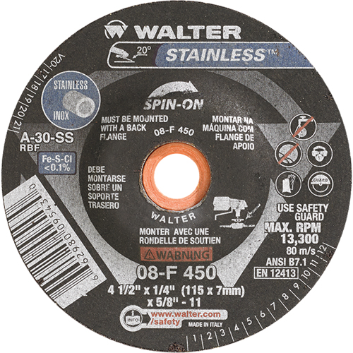 Depressed Centre Grinding Wheels - Stainless Type 27, 4-1/2" x 1/4", 5/8"-11 Arbor, Type 27S TGS INDUSTRIEL