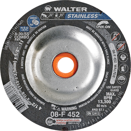 Depressed Centre Grinding Wheels - Stainless Type 27, 4-1/2" x 1/8", 5/8"-11 Arbor, Type 27S TGS INDUSTRIEL