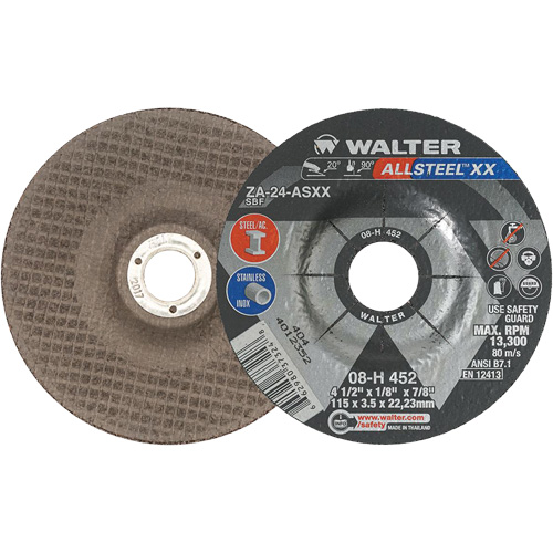 Depressed Centre Grinding Wheels - ALLSTEEL XX, 4-1/2" x 1/8", 7/8" Arbor, Type 27, Zirconia Alumina, 13300 RPM TGS INDUSTRIEL