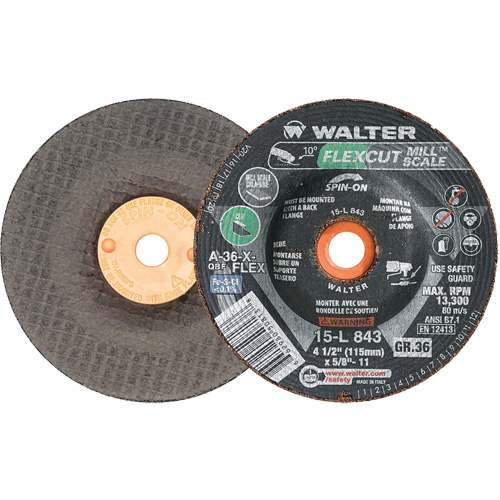 Meule FLEXCUT MILL SCALE, 4-1/2", 36 Grain, Oxyde d'aluminium, 5/8"-11, 13 300 Tr/min, Type 29 TGS INDUSTRIEL
